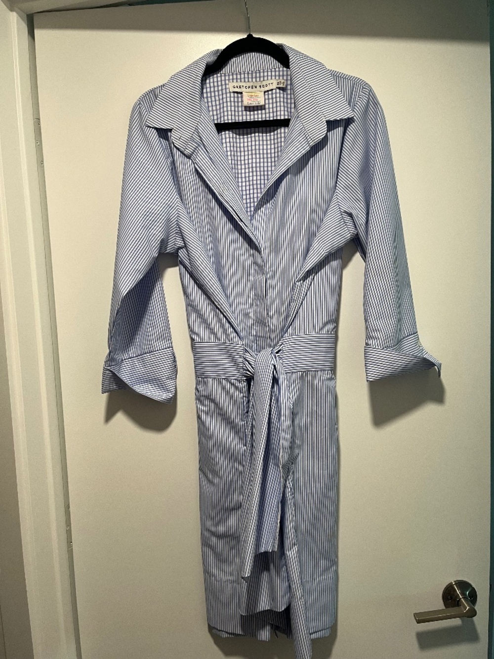 Blue and white striped shirt dress